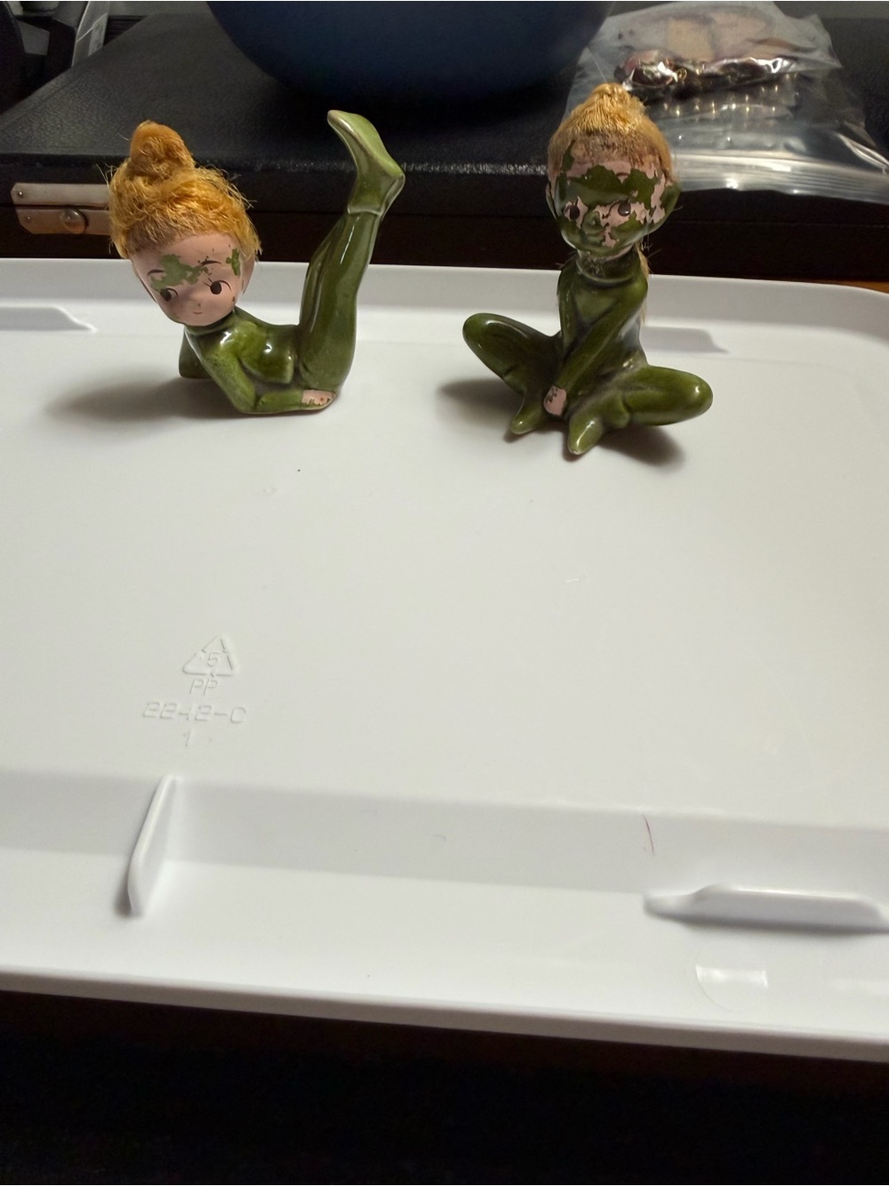 Pair of Vintage Green Pixie Figurines with Flocked Hair